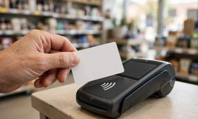Shopper paying with unsecured credit cards at a checkout terminal