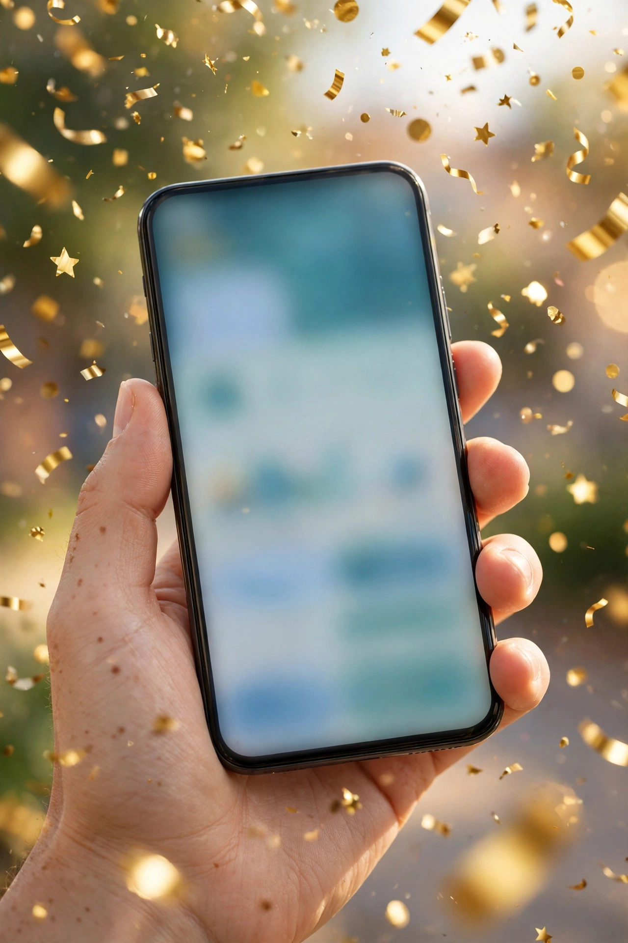 Hand holding a smartphone with confetti celebrating a bank account bonus without direct deposit