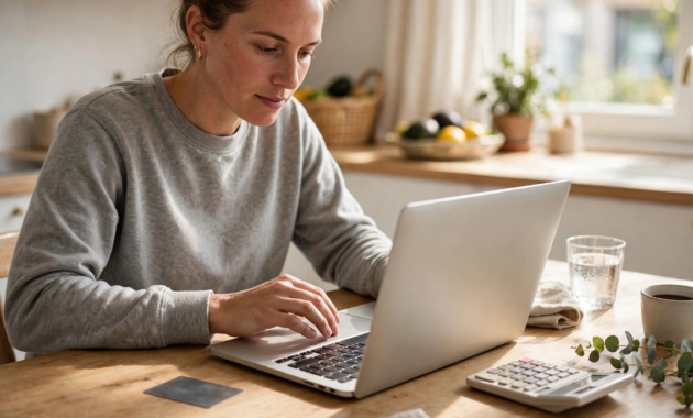 Person paying bills on a laptop at a kitchen table to earn a bank account bonus without direct deposit