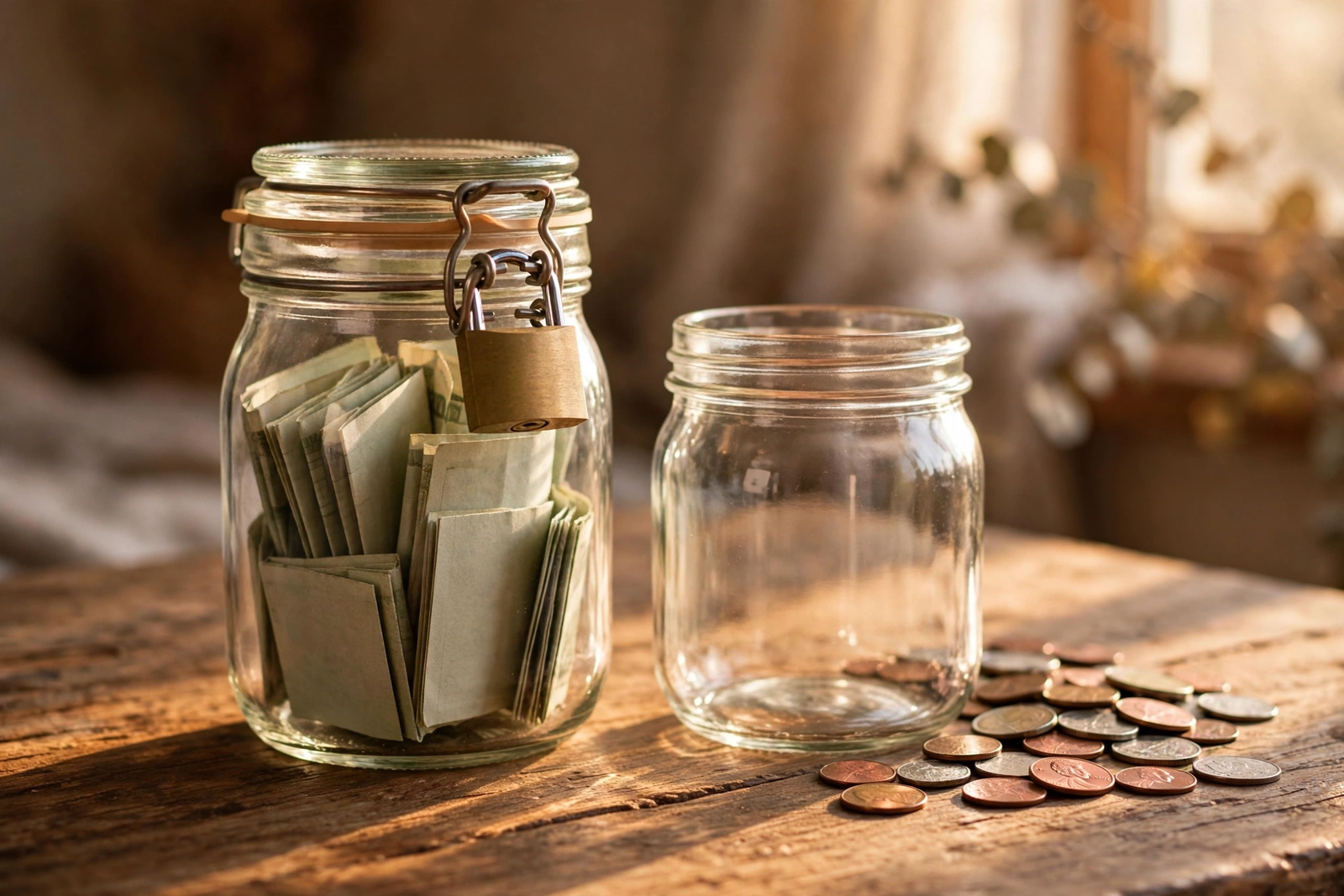 Two glass savings jars on a table, one padlocked and one open, illustrating certificate of deposit vs savings account.