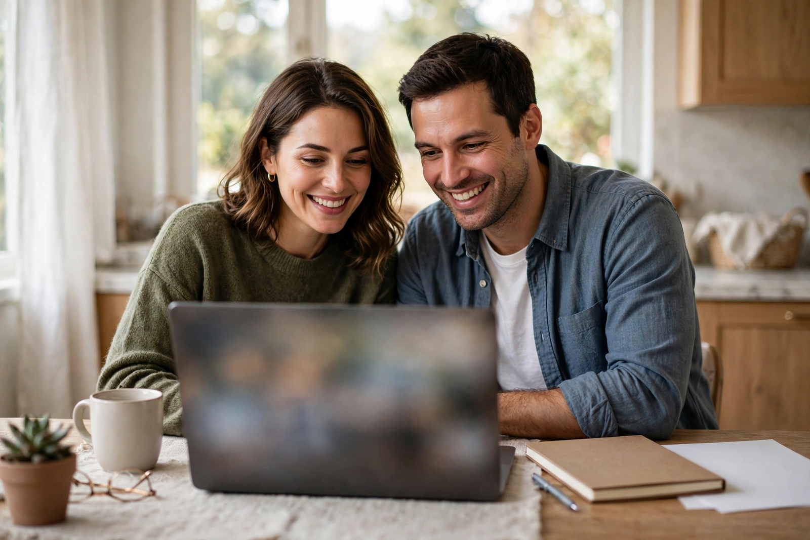 Couple reviewing their finances together at a kitchen table while comparing a certificate of deposit vs savings account.
