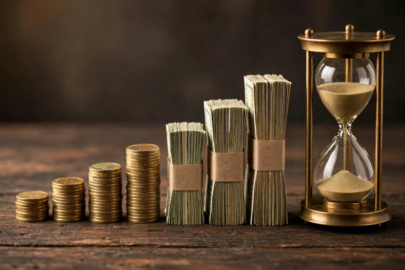 Stacks of coins and bills growing beside an hourglass, symbolizing savings growth over time.