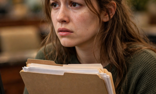 Worried woman at a bank counter holding documents after learning about ChexSystems vs Early Warning Services