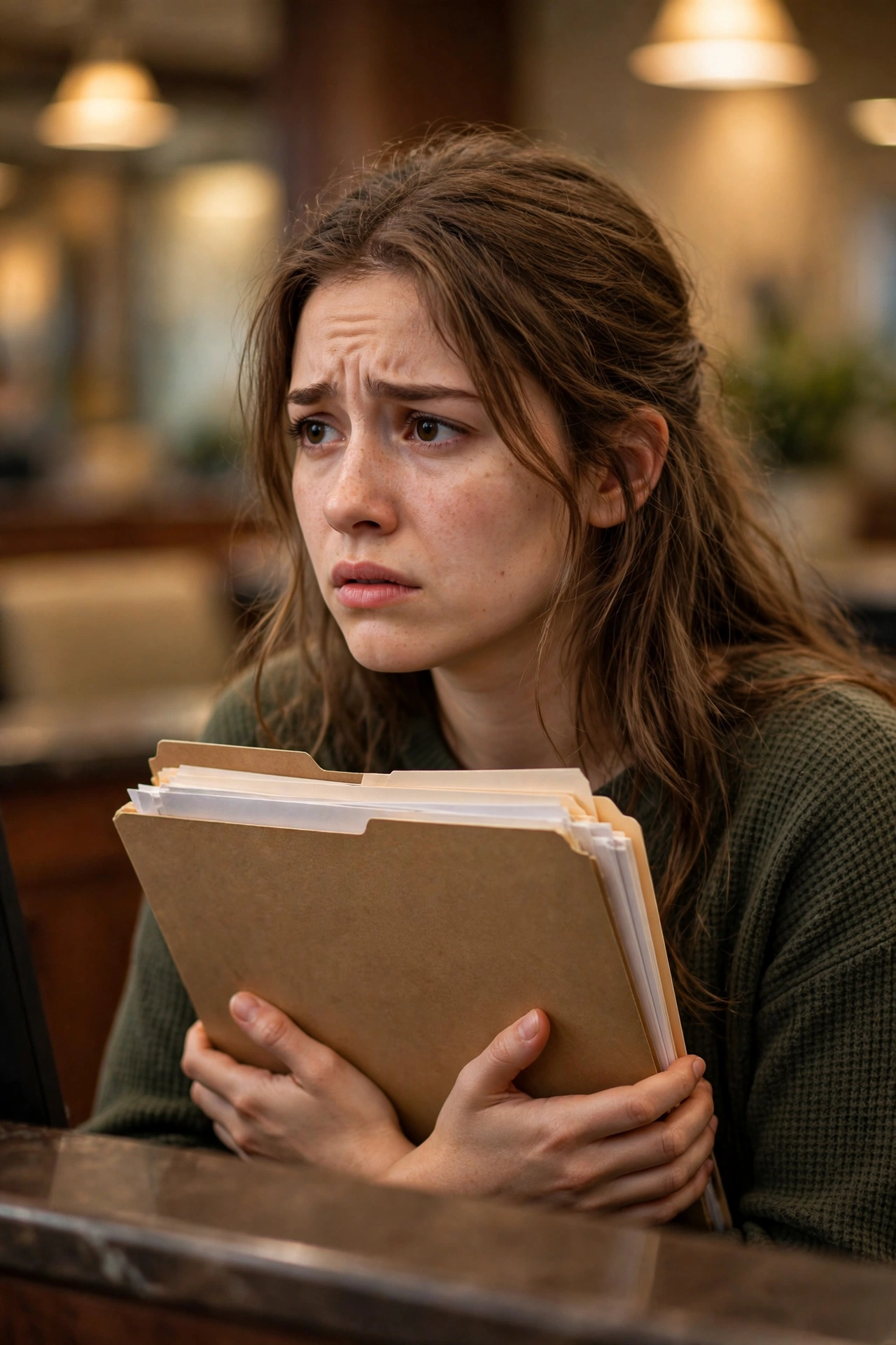 Worried woman at a bank counter holding documents after learning about ChexSystems vs Early Warning Services