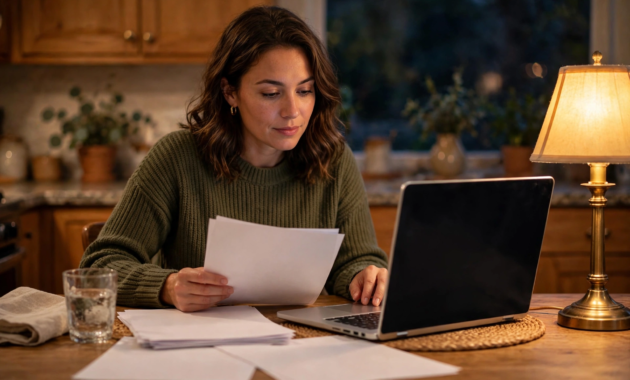 Woman reviewing bank paperwork at home while checking her ChexSystems and Early Warning Services reports