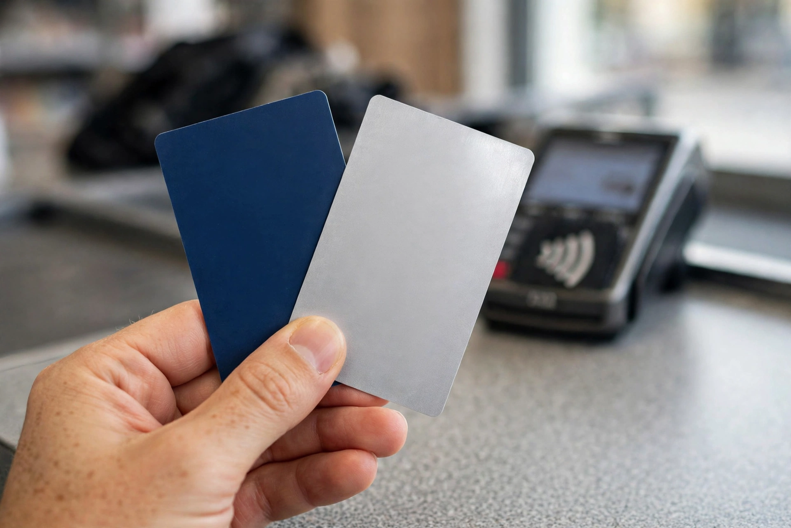 Hand holding a debit card and a prepaid card at a checkout counter in a debit card vs prepaid card comparison