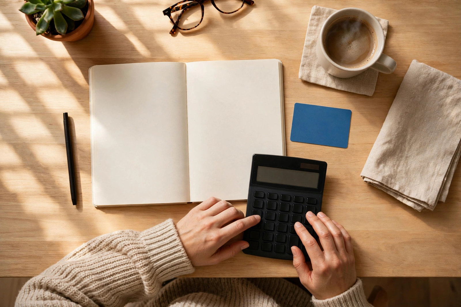 Person budgeting at a kitchen table while choosing between a debit card vs prepaid card