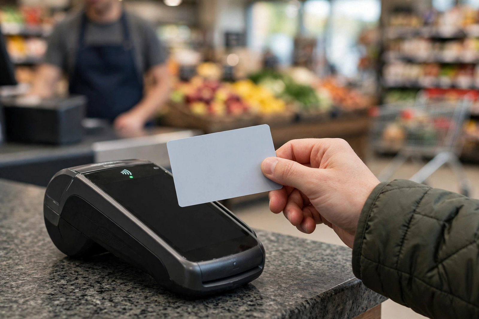 Shopper tapping a card at a grocery store payment terminal