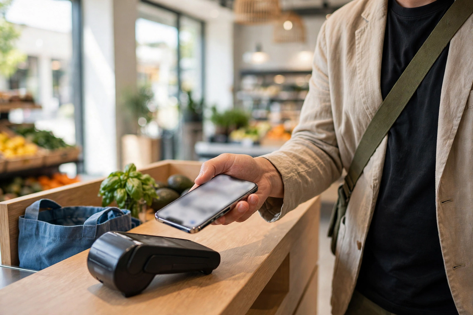 Person paying with a smartphone at a store checkout counter — free checking account with no minimum balance