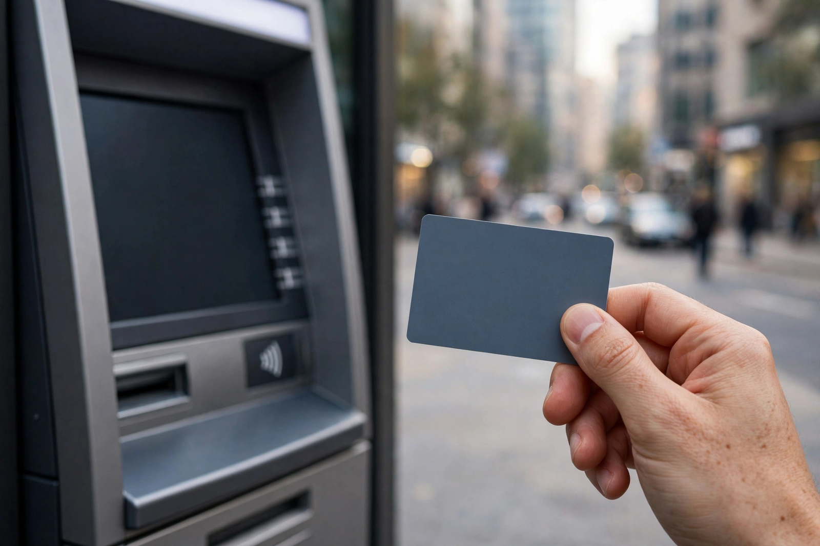 Hand holding a debit card near a modern ATM — free checking account with no minimum balance