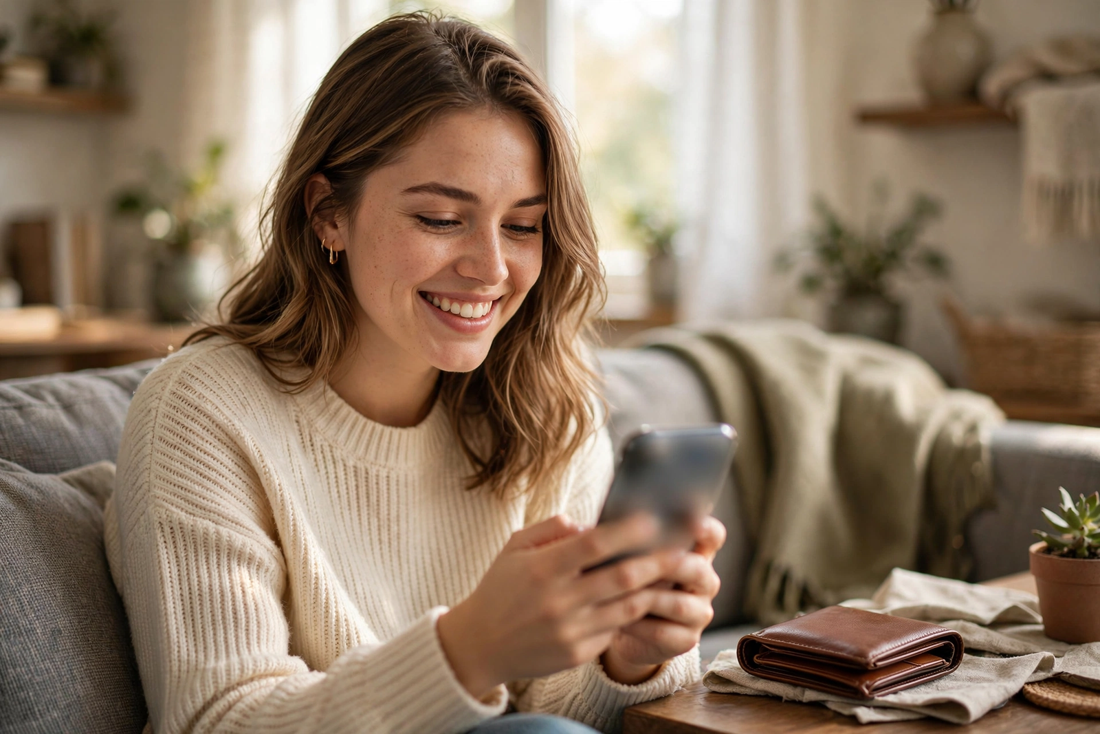 Young woman smiling while using a banking app on her phone at home — free checking account with no minimum balance