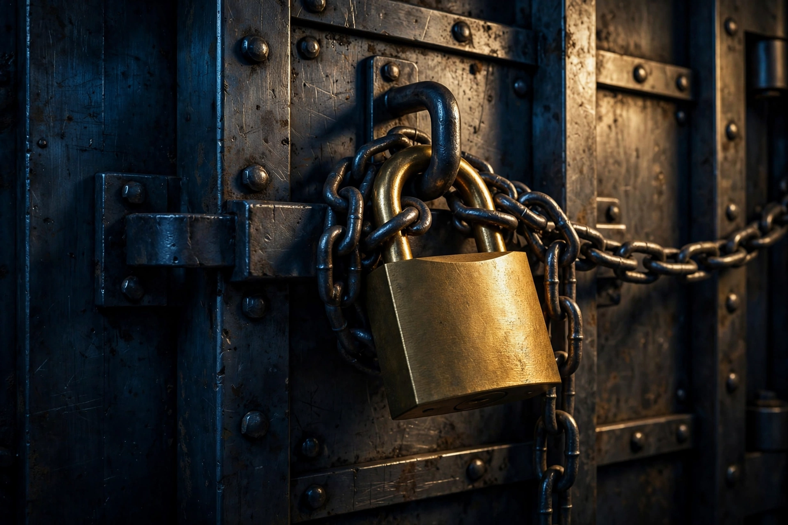 Bank vault door secured with a padlock and chains, illustrating how to freeze ChexSystems report access