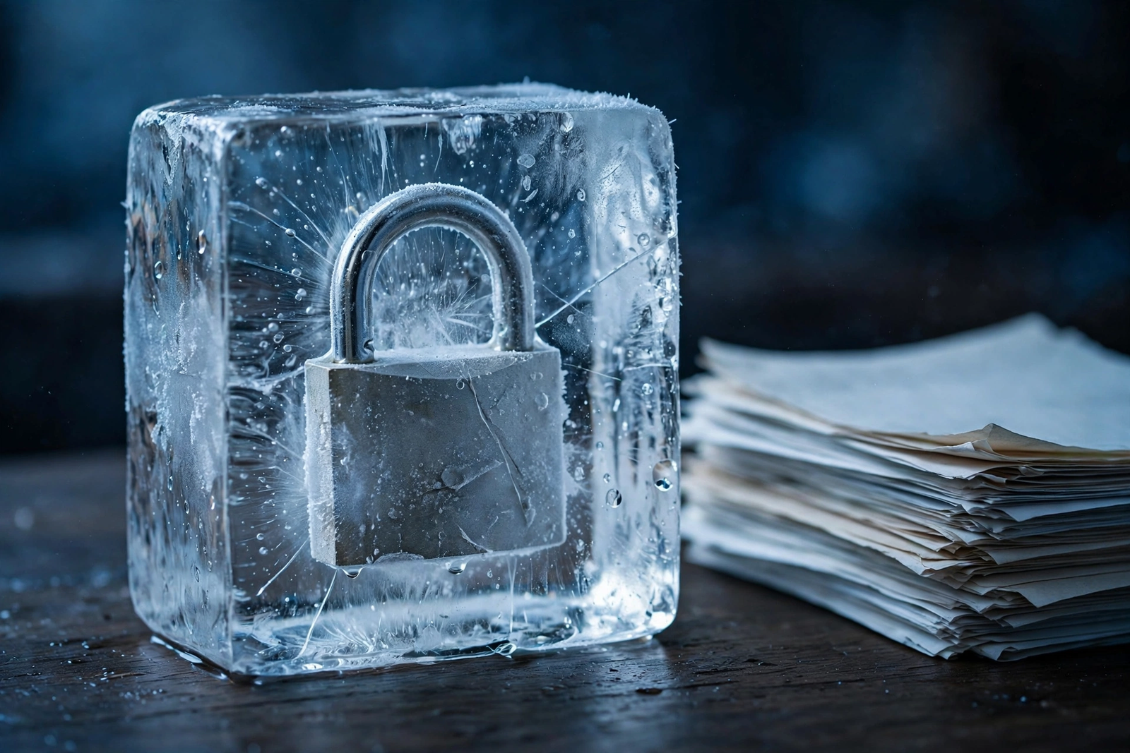 Padlock frozen in ice symbolizing a ChexSystems security freeze
