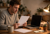 Person reviewing a printed credit report at a home desk — how long do hard inquiries stay on your credit report