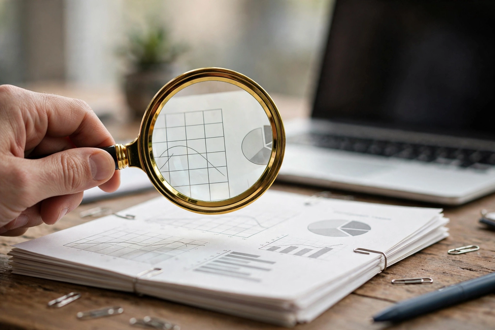Magnifying glass over financial paperwork on a desk, illustrating how long do hard inquiries stay on your credit report
