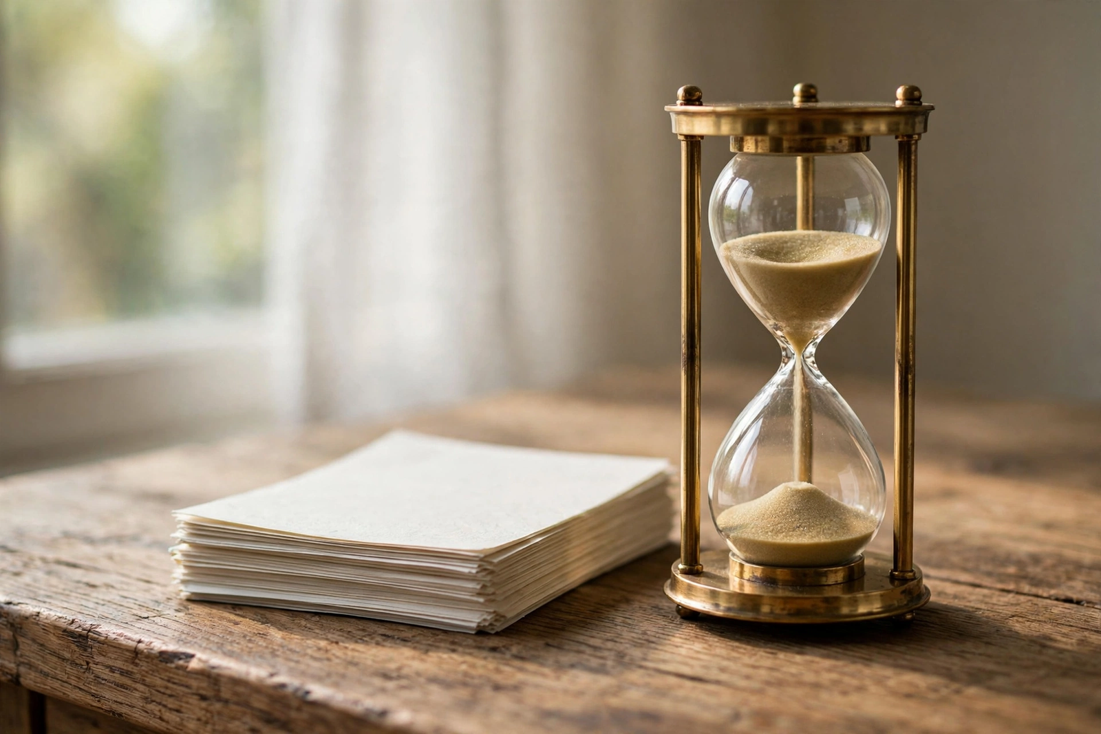 Hourglass beside paperwork on a desk, showing hard inquiries stay on your credit report for up to two years