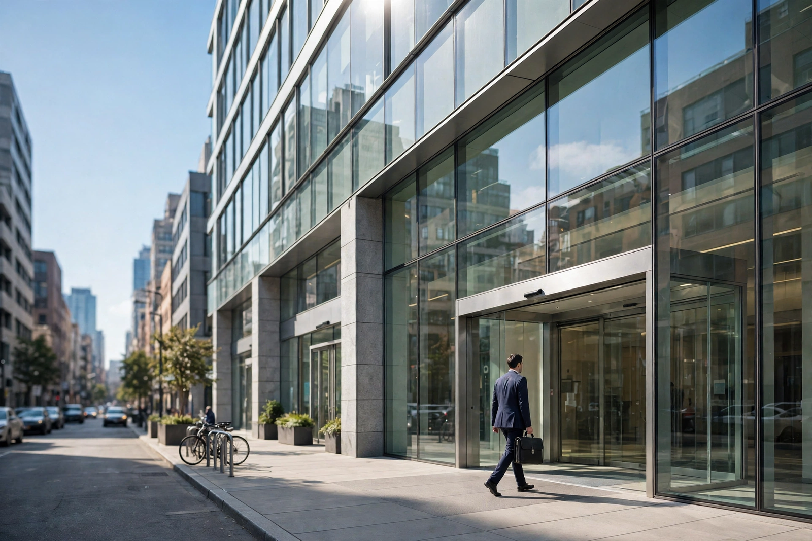 Modern bank building exterior on a sunny morning for an ACH transfer timing guide