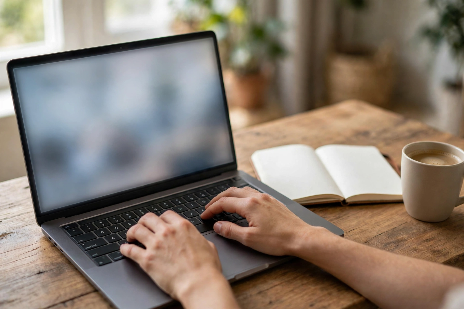 Person typing on a laptop at home to send an online bank transfer