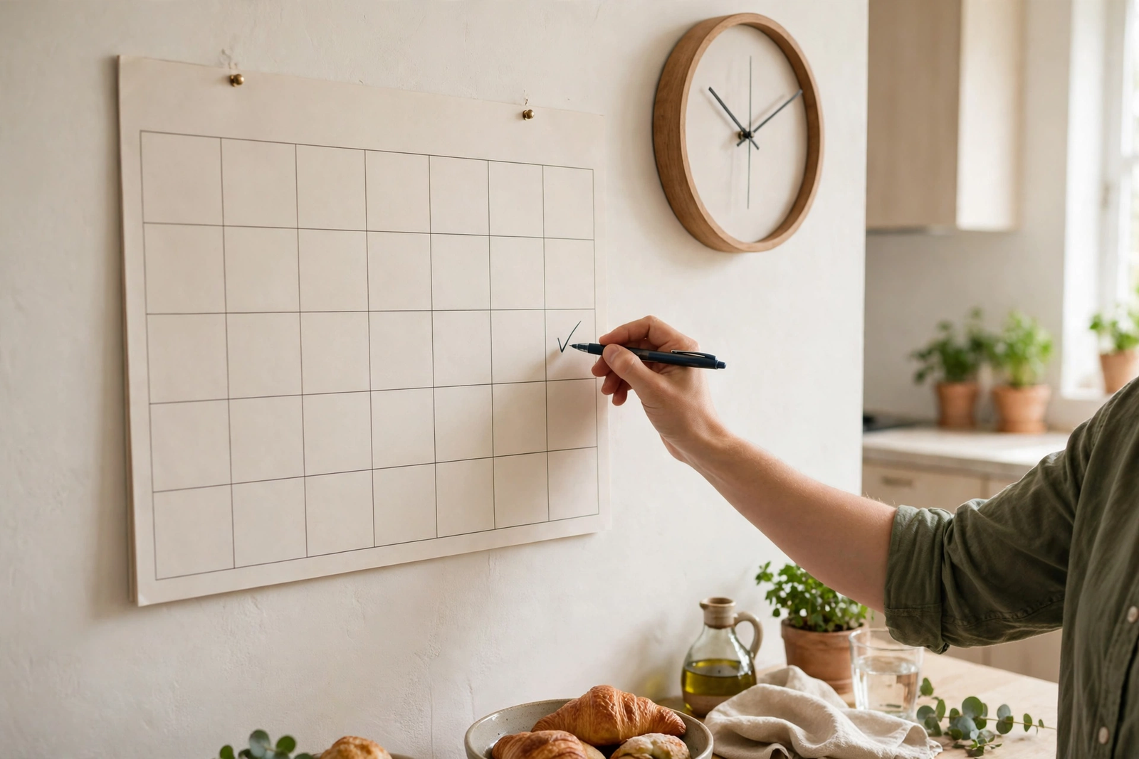 Person marking a date on a blank wall calendar next to a clock while waiting for a transfer