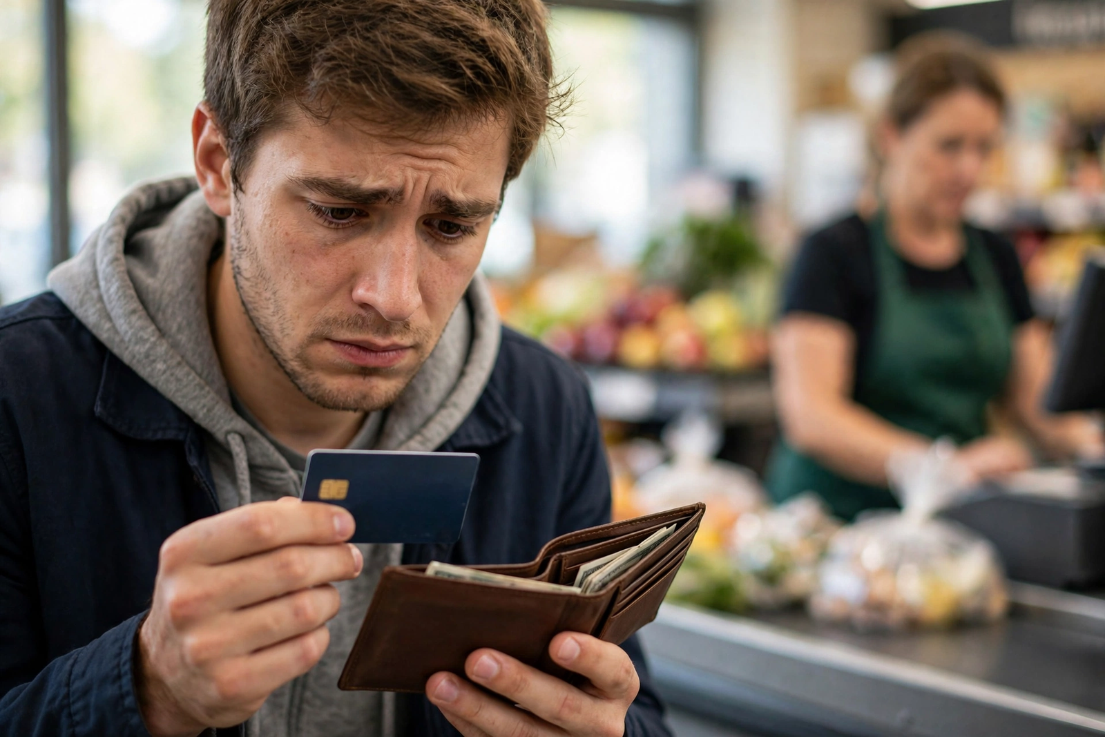 A shopper at a grocery store checkout holding his wallet and debit card, illustrating why learning how to avoid overdraft fees matters.