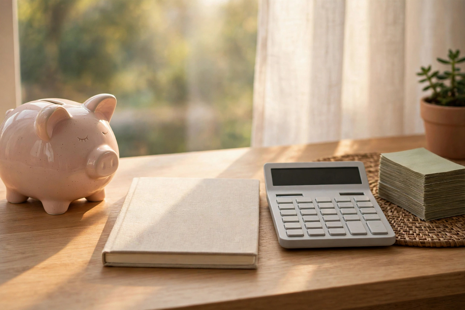 Piggy bank, notebook, calculator, and cash on a desk representing simple budgeting habits that help avoid overdraft fees.