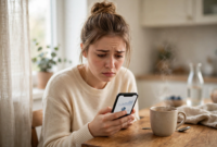 how-to-dispute-a-debit-card-charge-1 A woman checking her phone after spotting an unexpected debit card charge while learning how to dispute a debit card charge