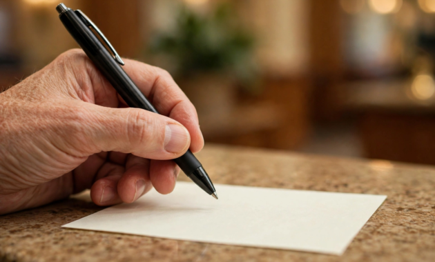 Hand filling out a bank deposit slip with a pen at a bank counter showing how to fill out a deposit slip