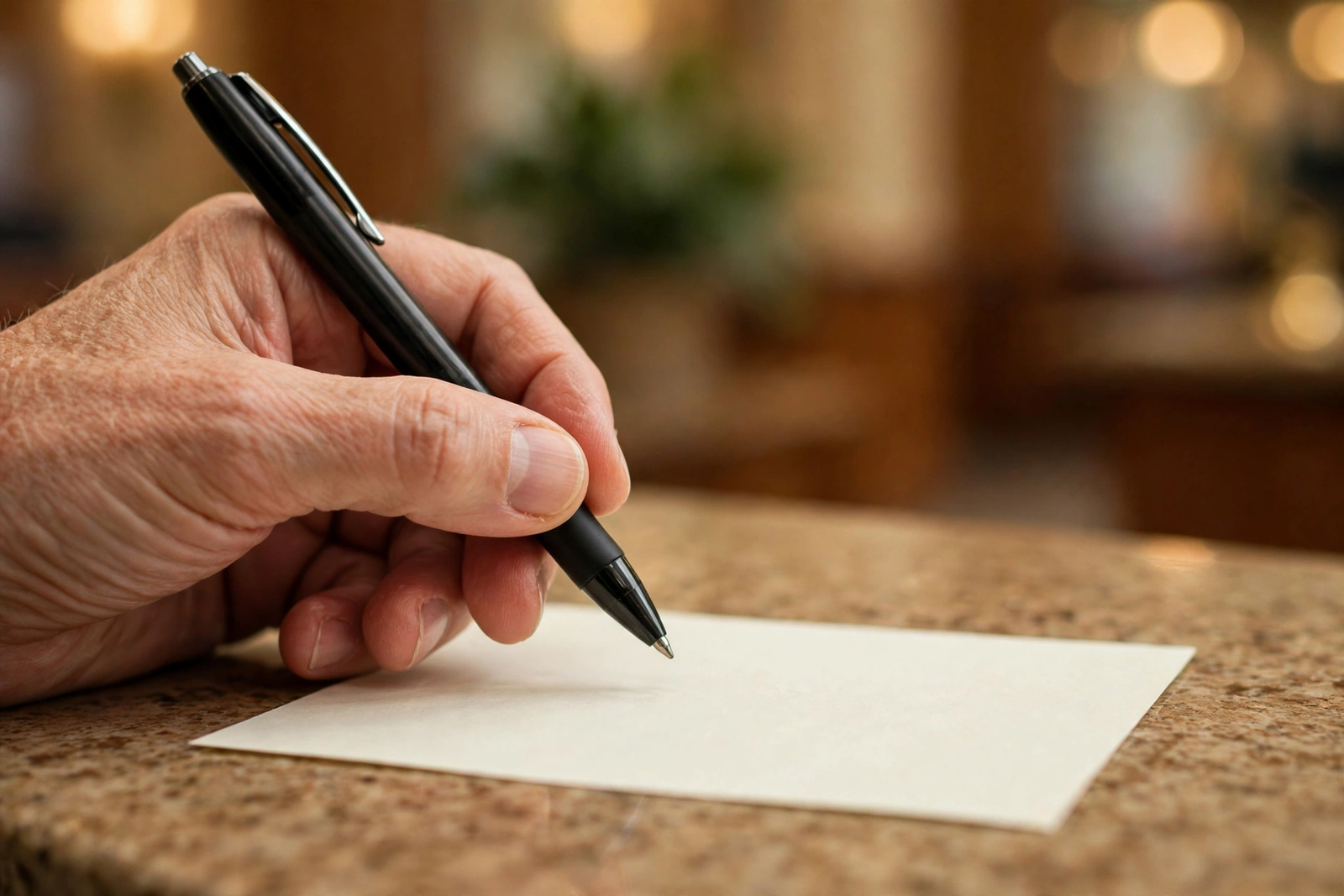 Hand filling out a bank deposit slip with a pen at a bank counter showing how to fill out a deposit slip