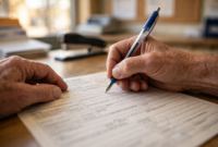 Person filling out a money order form with a pen