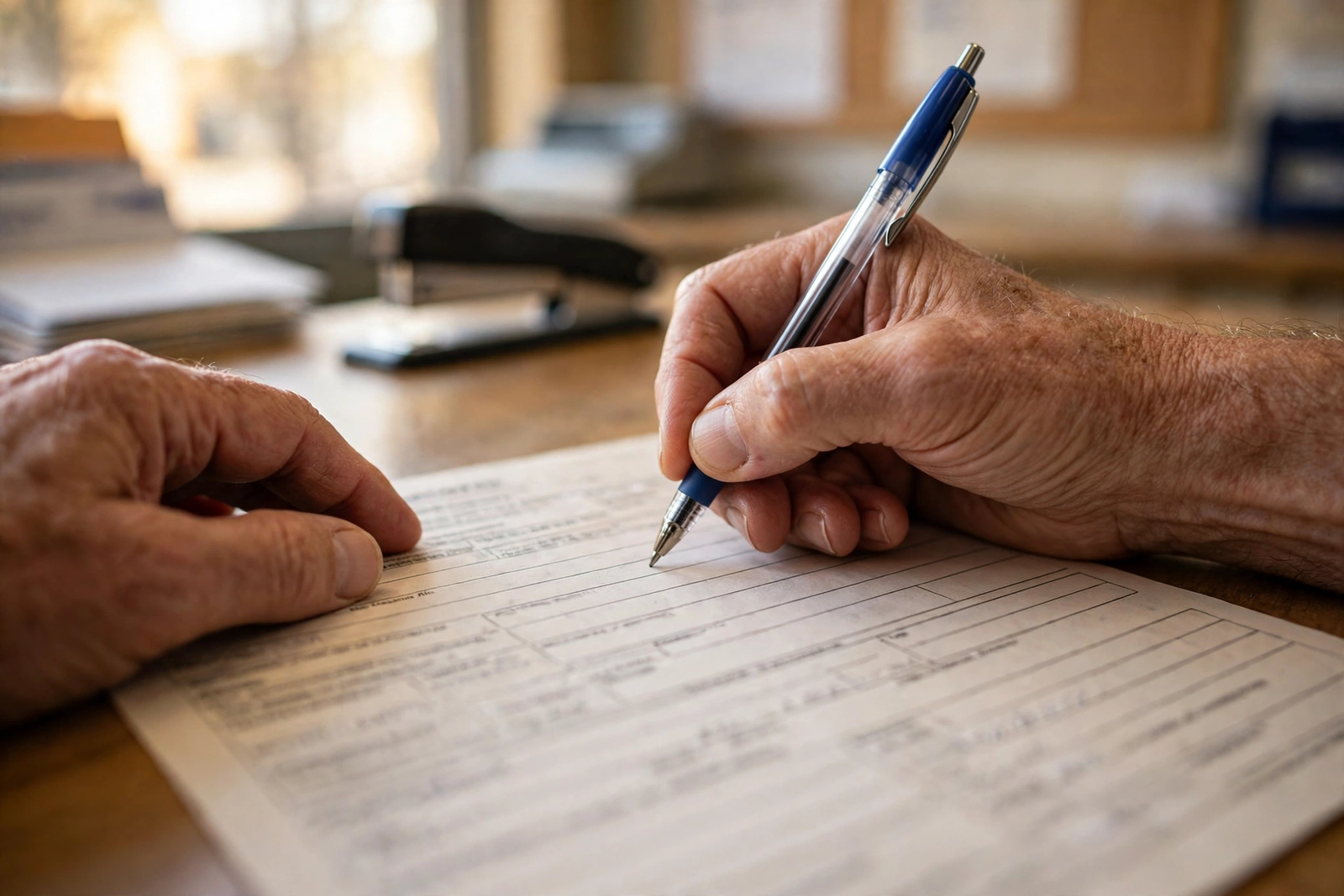 Person filling out a money order form with a pen