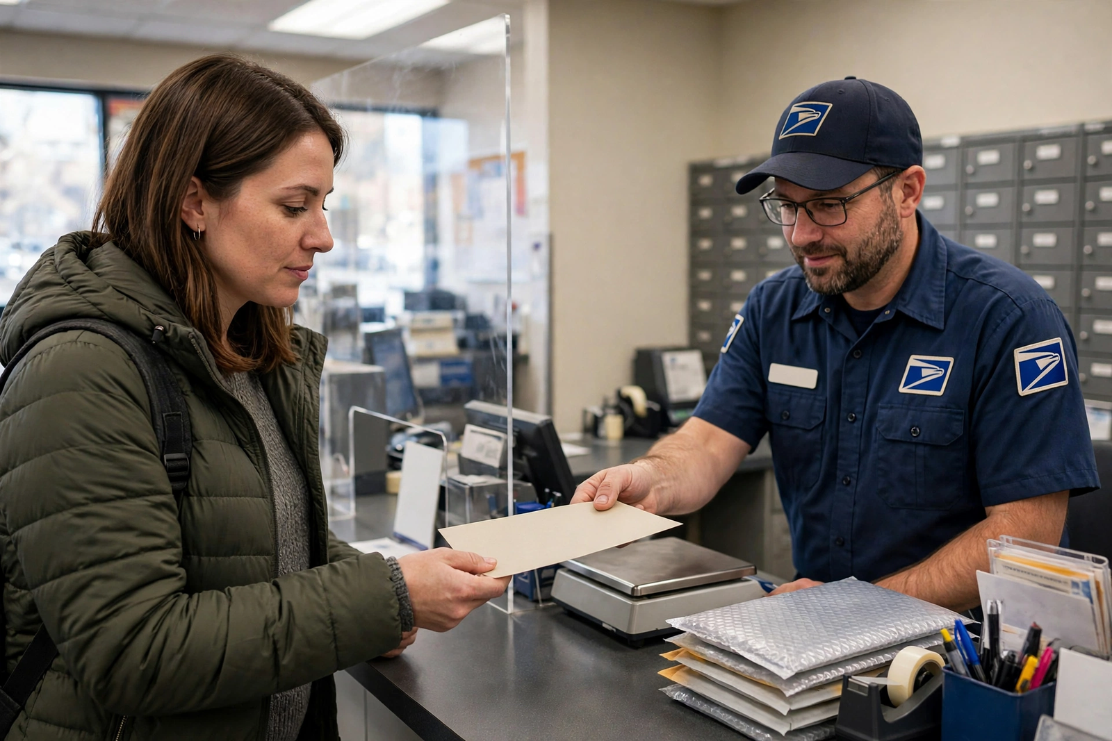 Customer buying a money order from a postal clerk at a post office counter