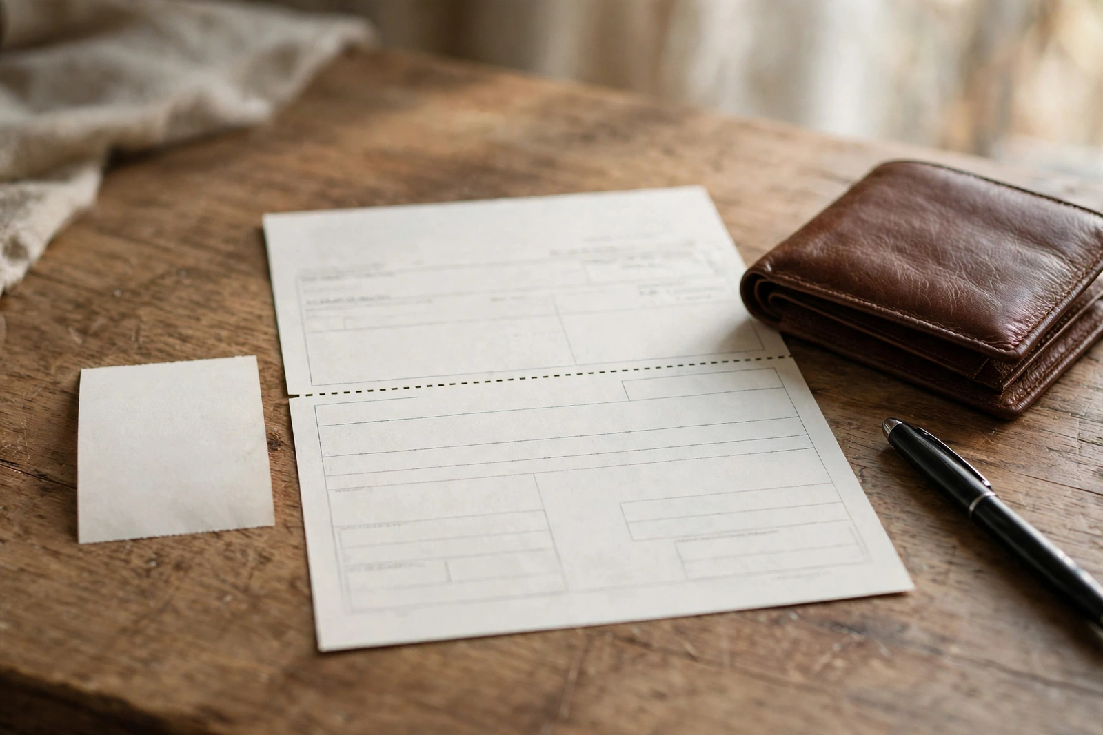 Money order with its receipt stub on a desk beside a wallet and pen