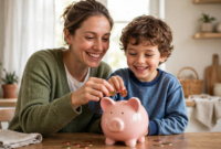 how-to-open-a-bank-account-for-a-child-1 A parent and child smiling while putting coins into a piggy bank together at home