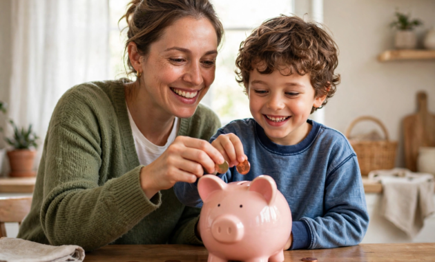 A parent and child smiling while putting coins into a piggy bank together at home