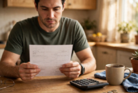 how-to-read-a-paycheck-stub-1 A person reviewing a printed paycheck stub at a kitchen table with a calculator nearby