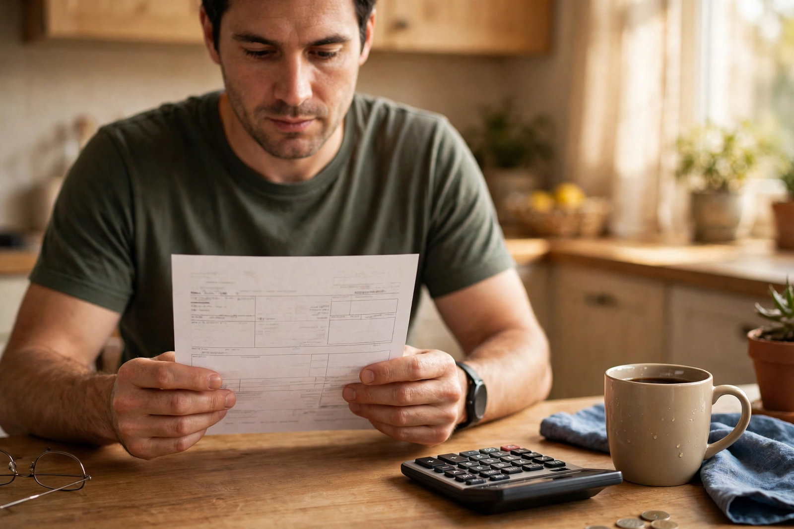 A person reviewing a printed paycheck stub at a kitchen table with a calculator nearby