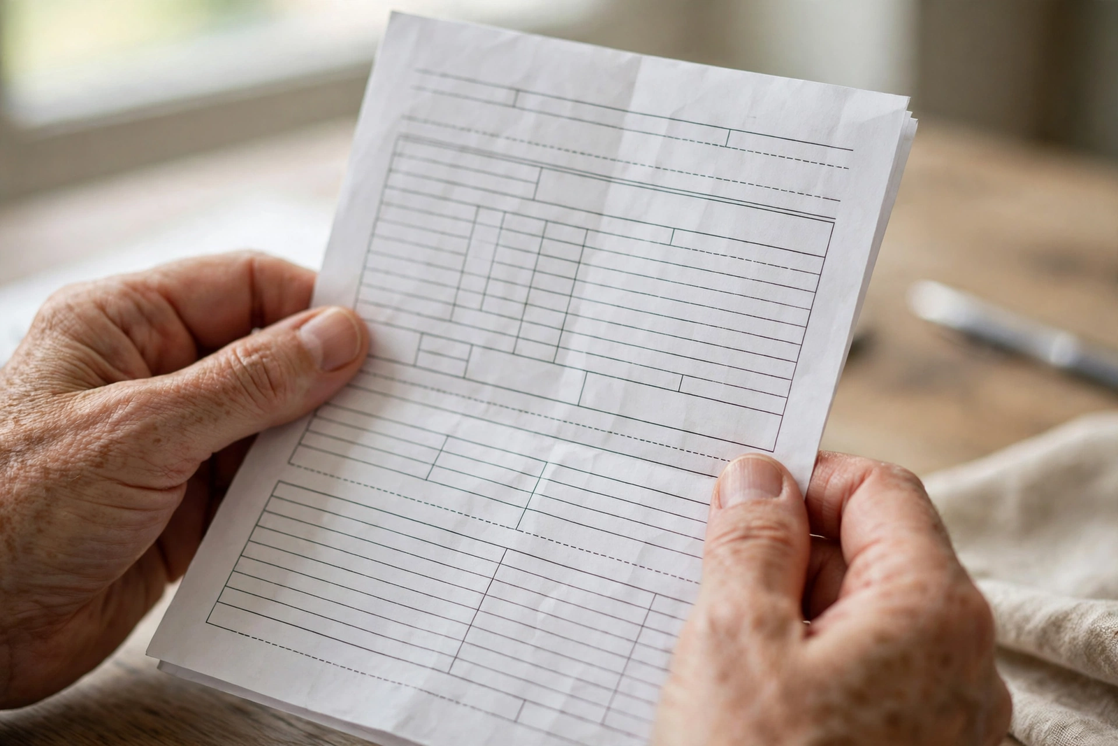 Close-up of hands holding a pay statement showing gross pay and net pay sections