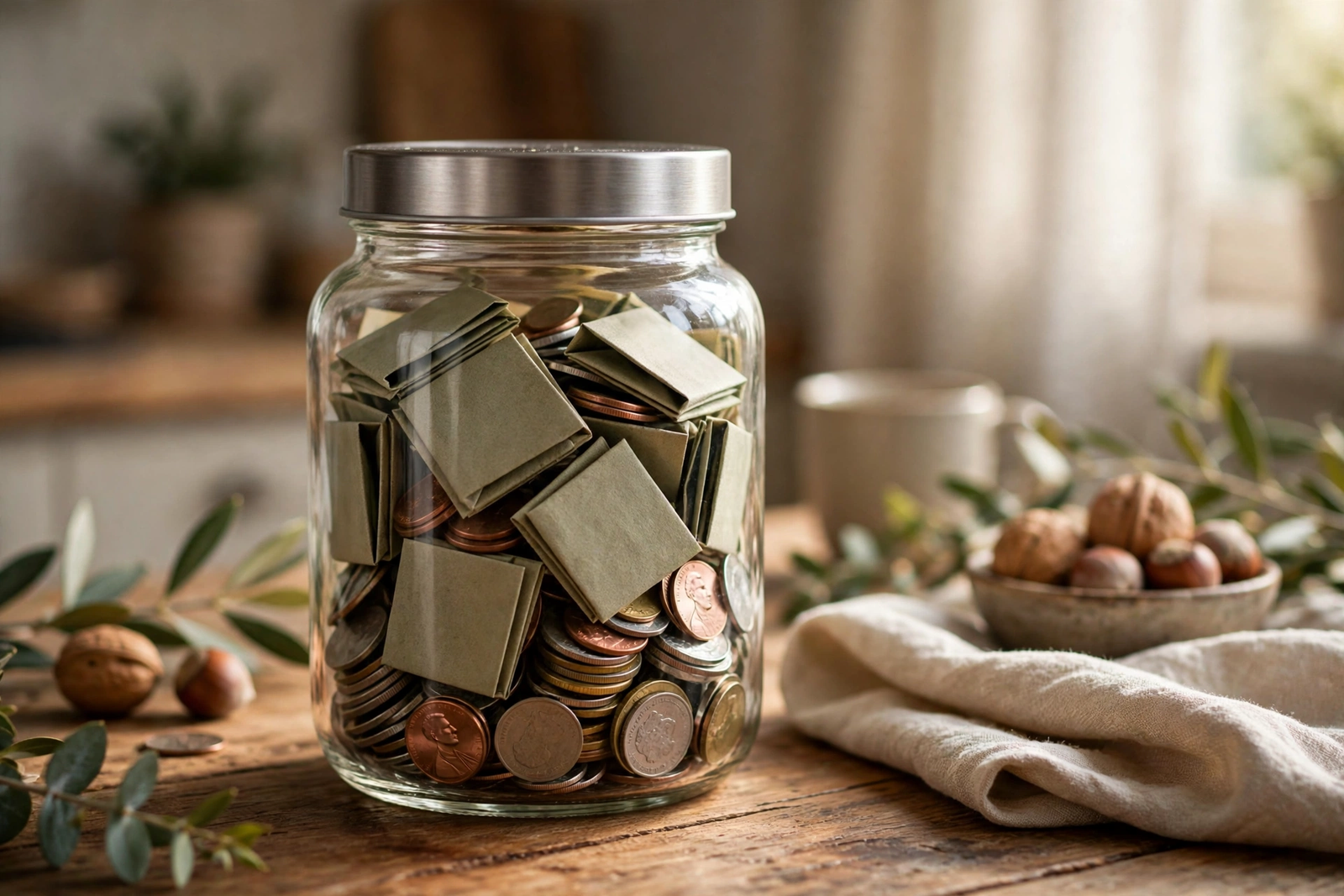 Glass savings jar filled with dollar bills and coins on a kitchen table — how to save money on a low income