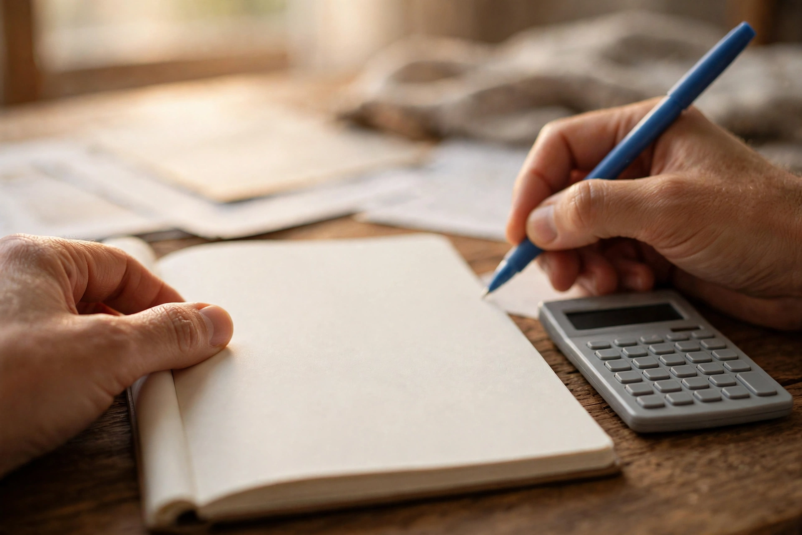 Hands writing a household budget in a notebook with a calculator on a home table
