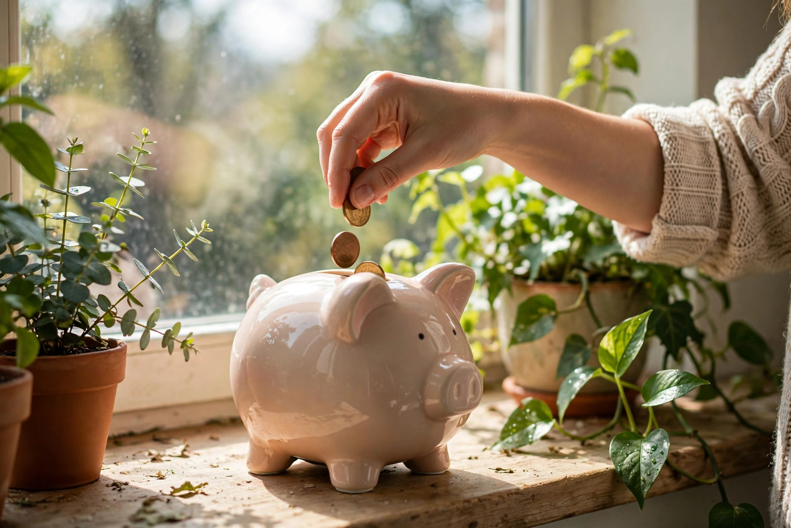Person placing coins into a ceramic piggy bank on a sunny windowsill