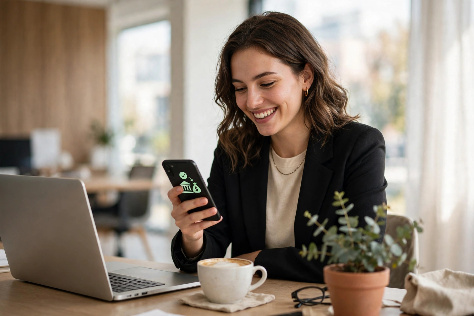 Person checking a direct deposit paycheck notification on a smartphone at work