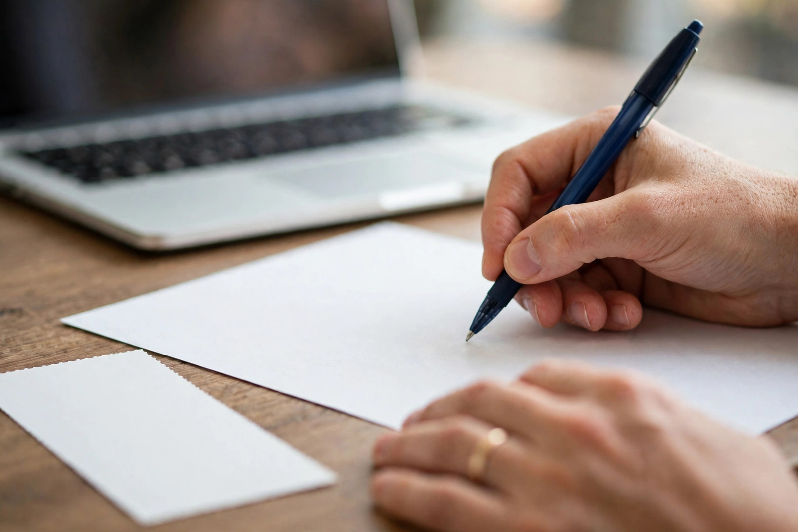 Hands filling out a direct deposit enrollment form with a pen next to a check