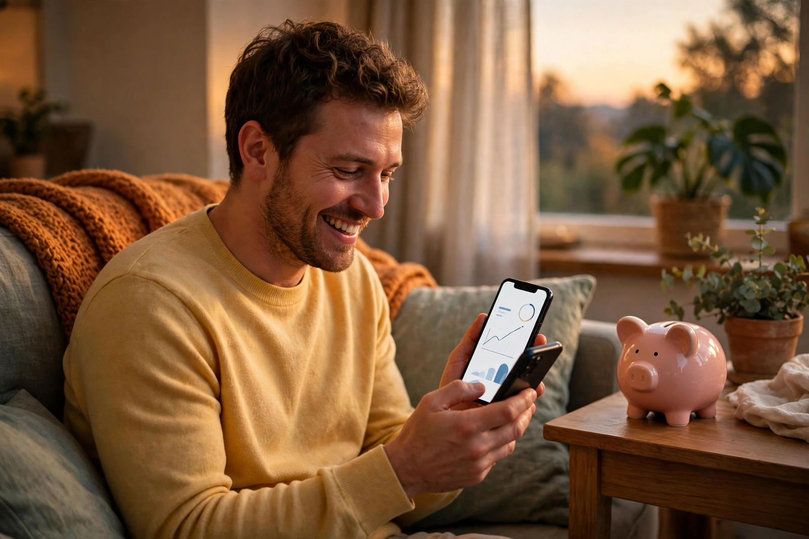 Person reviewing a bank balance on a phone at home after setting up direct deposit