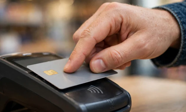 Paying with a credit card at a store terminal