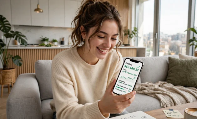 Young woman checking her credit score on a phone at home