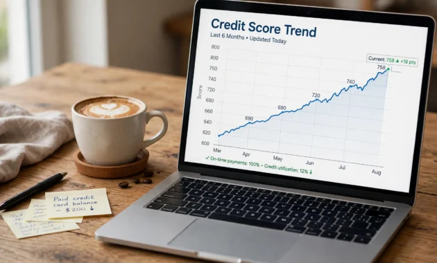 Credit score trending upward on a laptop screen