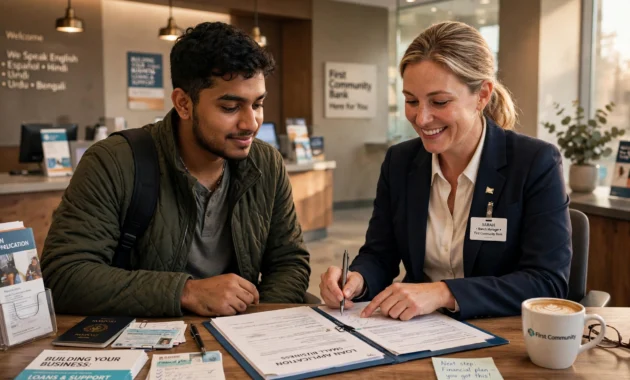 Newcomer discussing how to open a bank account without an ssn with a banker at a US bank branch