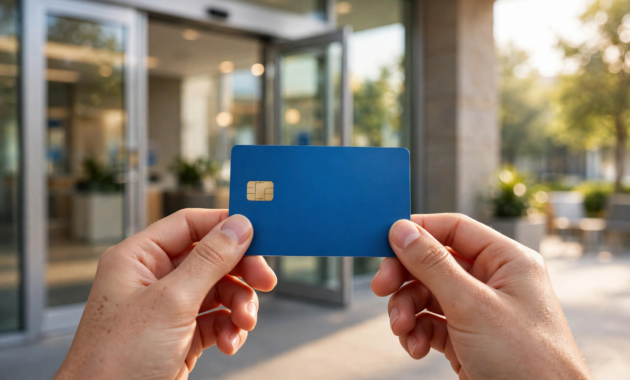 Hands holding a new blue debit card outside a bank branch — getting approved to open a bank account with bad credit