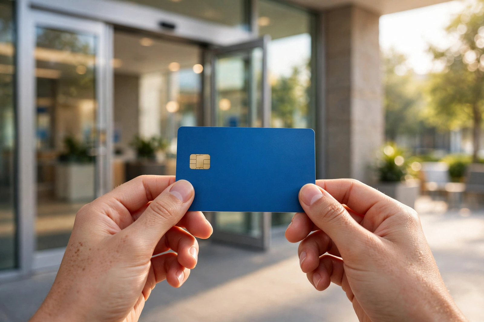Hands holding a new blue debit card outside a bank branch — getting approved to open a bank account with bad credit