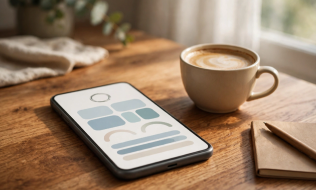 Smartphone with a mobile banking app on a desk with coffee and a notebook